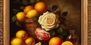 naturaleza muerta con limones naranjas y una rosa