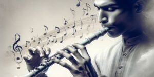 Imagen de una persona tocando una flauta dulce con las notas musicales marcadas en la digitación