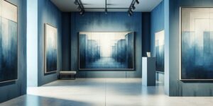 Imagen de una colección de obras de arte de Yves Klein en una galería