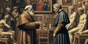 Imagen de un retrato de Papa Julio II y Miguel Ángel discutiendo frente a obras de arte en un estudio renacentista.