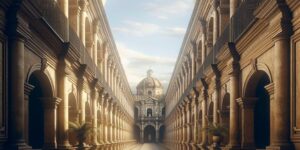 Imagen de un pasillo con arquitectura colonial rodeado de antiguos conventos y seminarios