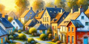 Imagen de una variedad de casas de pueblo pintadas al óleo en diferentes estilos y colores