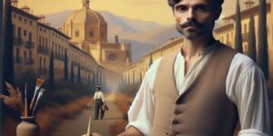 Fotografía de Joaquín Sorolla frente a uno de sus cuadros famosos