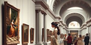 Mujer admirando una pintura en el Museo del Prado.