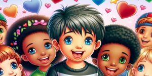Imagen de niños sonriendo y leyendo poemas de amor en un entorno colorido y alegre