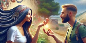 'Ilustración de una mujer turca con un turista oliendo su cabello