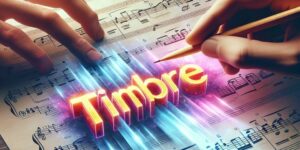 Imagen ilustrativa de una partitura musical con la palabra 'timbre' resaltada en color llamativo