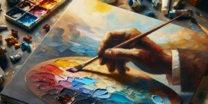 Explicación visual de la pintura en óleo con paleta de colores y pincel sobre lienzo en un estudio de arte.