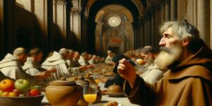 Cuadro de Zurbarán que representa a San Hugo durante una comida en el refectorio de los cartujos.