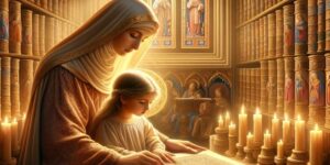 Santa Ana ayudando a la Virgen a aprender a leer en una hermosa colección de imágenes religiosas.