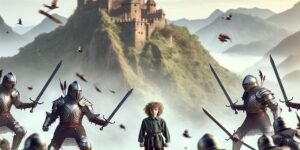 Grupo de guerreros con armaduras y espadas rodeando a Frodo en un paisaje montañoso en Tierra Media.