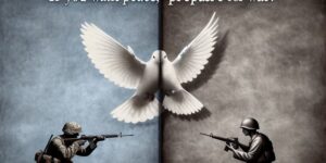 Una imagen conceptual que represente la dualidad entre la paz y la guerra
