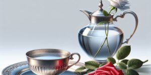 taza de agua y rosa en un plato de plata