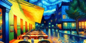 Obra de Vincent Van Gogh que muestra una terraza de café iluminada por la noche con su característico estilo único y vibrante.