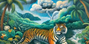 tigre en una tormenta tropical