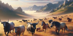 toros y caballos en el campo