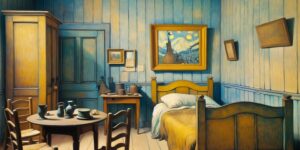 Imagen de la pintura 'El dormitorio de Van Gogh en Arles' que muestra una habitación pintada en tonos de azul y amarillo con muebles simples y una cama deshecha.