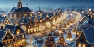 Imagen de Holanda durante la época navideña con luces brillantes y decoraciones festivas revelando el misterio del popular villancico