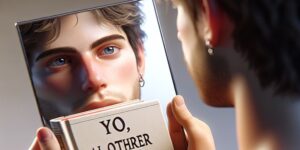Reflejo de una persona sosteniendo un libro en español con el título 'Yo
